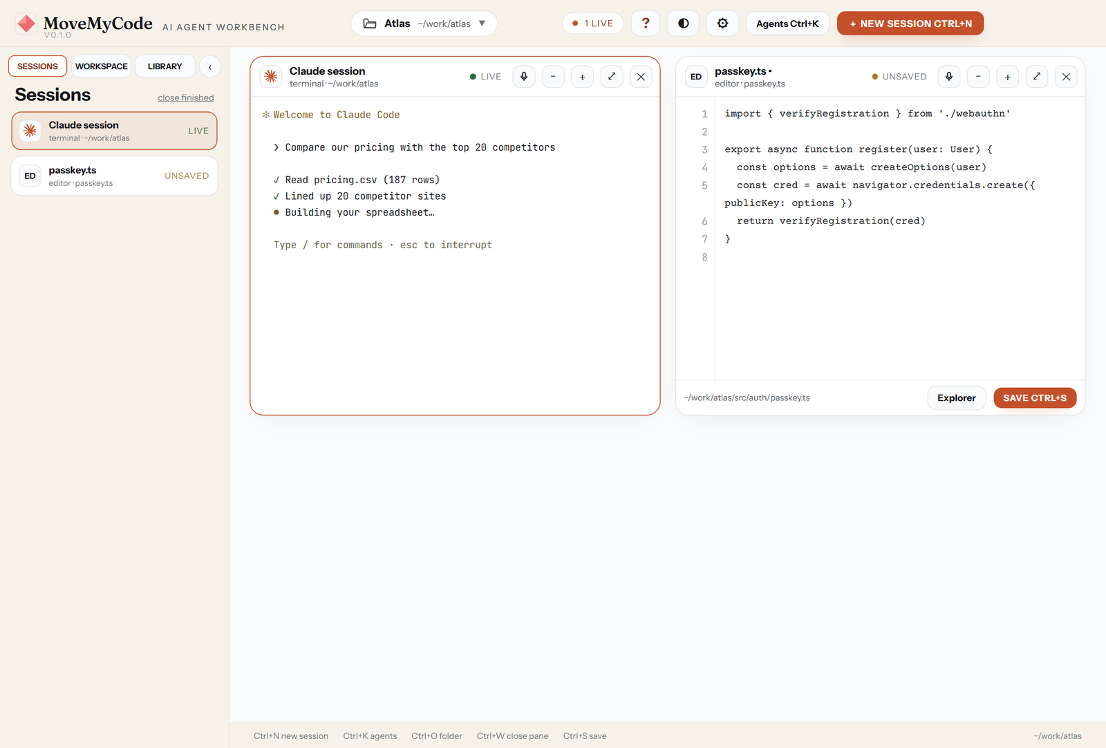 MoveMyCode on the ivory desk: a Claude session and an open file side by side